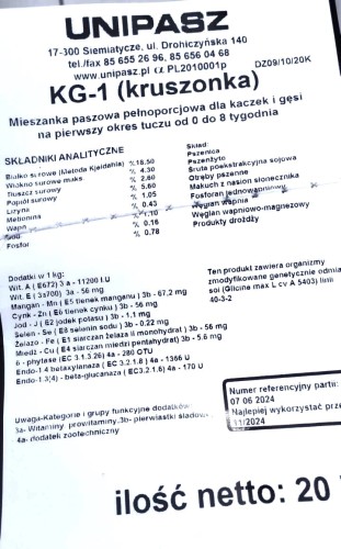 Pasza KG–1 dla kaczek gęsi 1 dnia do 8 tyg. kruszonka 20kg UNIPASZ