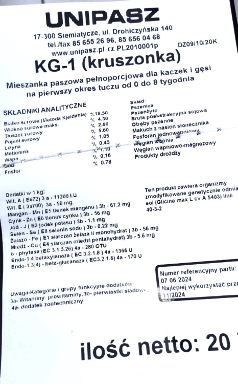 Pasza KG–1 dla kaczek gęsi 1 dnia do 8 tyg. kruszonka 20kg UNIPASZ