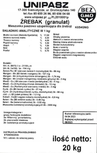 Pasza karma ŹREBAK dla źrebaków w fazie wzrostu granulat 20kg UNIPASZ