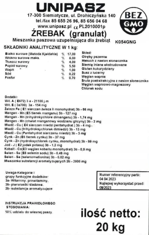 Pasza karma ŹREBAK dla źrebaków w fazie wzrostu granulat 20kg UNIPASZ