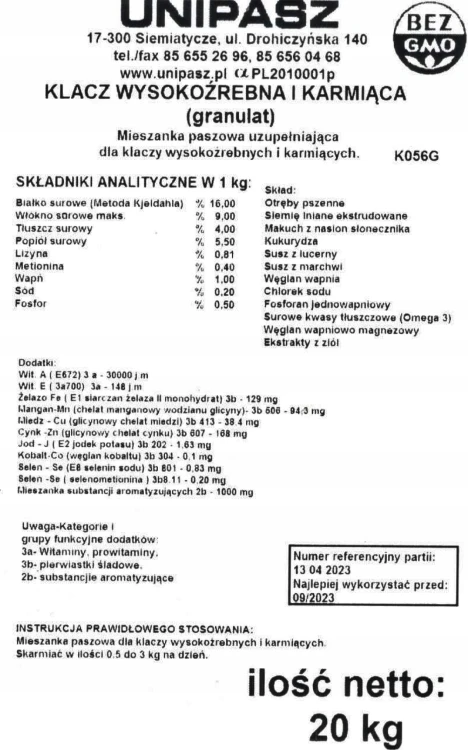 Pasza karma dla KLACZY KARMIĄCYCH granulat 50 x 20kg 1t paleta UNIPASZ