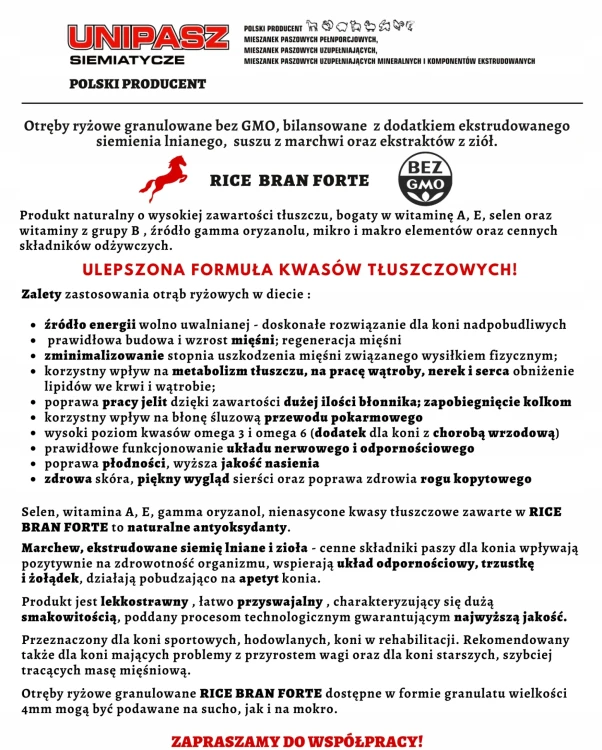Pasza karma dla koni RICE BRAN otręby ryżowe 50x20kg 1t paleta UNIPASZ