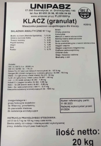 Pasza karma dla koni klaczy granulat 50 x 20kg 1t paleta UNIPASZ