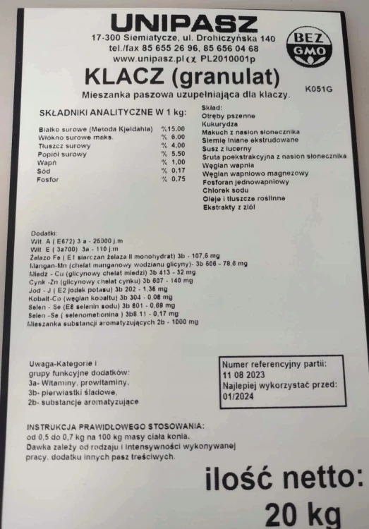 Pasza karma dla koni klaczy granulat 50 x 20kg 1t paleta UNIPASZ