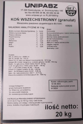 Pasza karma KOŃ WSZECHSTRONNY granulat 50 x 20kg 1t paleta UNIPASZ