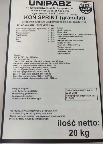 Pasza karma dla koni KOŃ SPRINT granulat 50 x 20kg 1t paleta UNIPASZ