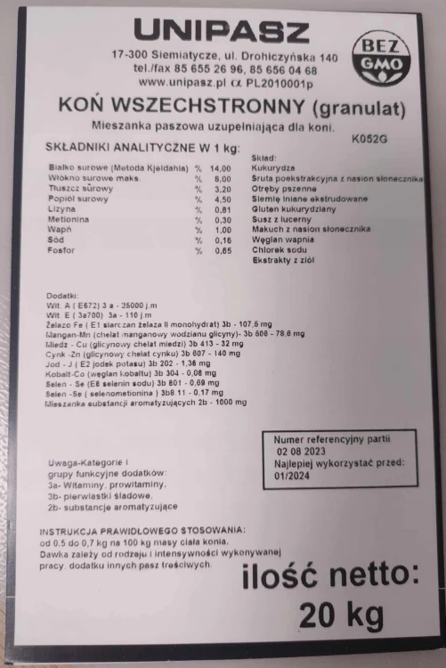 Pasza karma KOŃ WSZECHSTRONNY granulat 20kg UNIPASZ