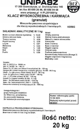 Pasza karma dla KLACZY KARMIĄCYCH I ŹREBNYCH granulat 20kg UNIPASZ