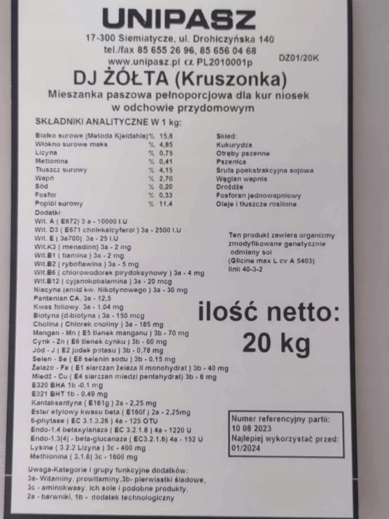 Pasza karma dla brojlerów od 1 tyg. kruszonka DKA-S 20kg UNIPASZ