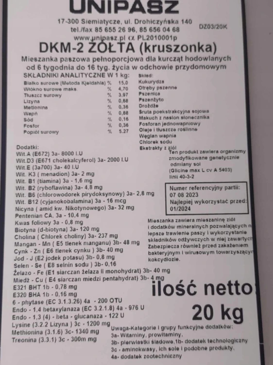 Pasza karma dla kurcząt od 6 tyg. DKM-2 kruszonka 20kg UNIPASZ
