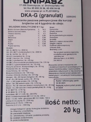 Pasza karma dla brojlerów od 4 tyg. DKA-G 20kg granulat UNIPASZ