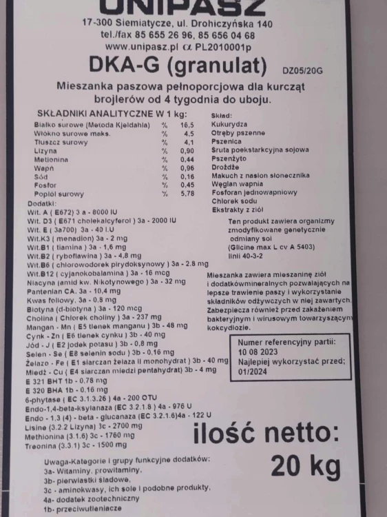 Pasza karma dla brojlerów od 4 tyg. DKA-G 20kg granulat UNIPASZ