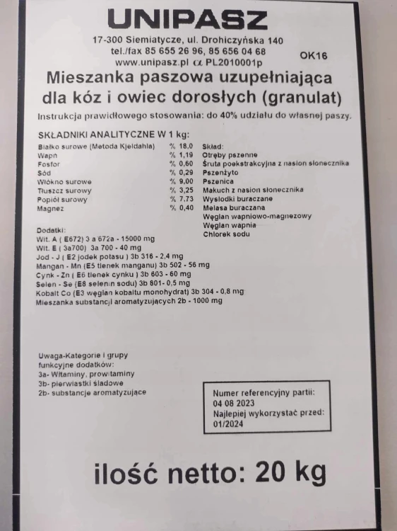 Pasza karma dla kóz i owiec granulat 20kg UNIPASZ
