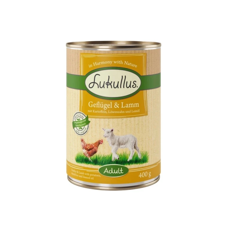 LUKULLUS Mokra karma dla psa drób z jagnięciną puszka 400g