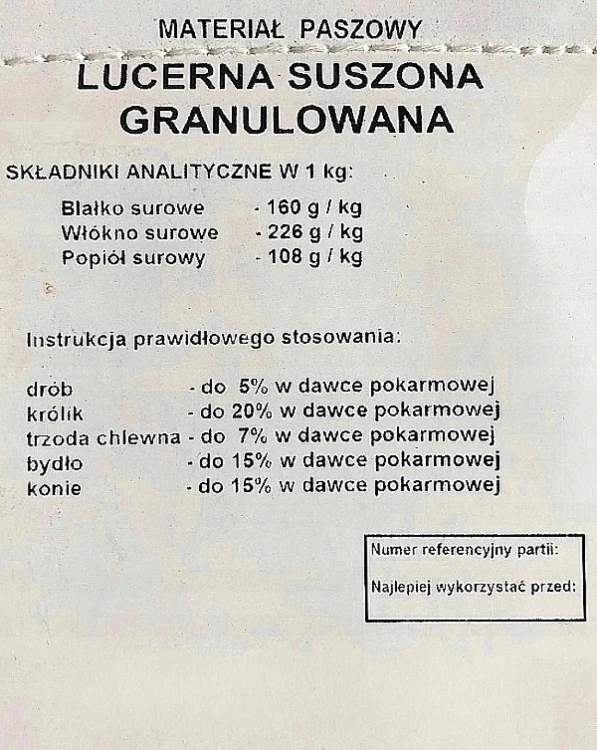 Lucerna granulowana 19kg karma pasza dla koni królika 8mm granulat CHAMPI