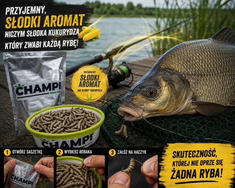Robaki na ryby zanęta wędkarska biały robak saszetka 50x larwa muchy Champi