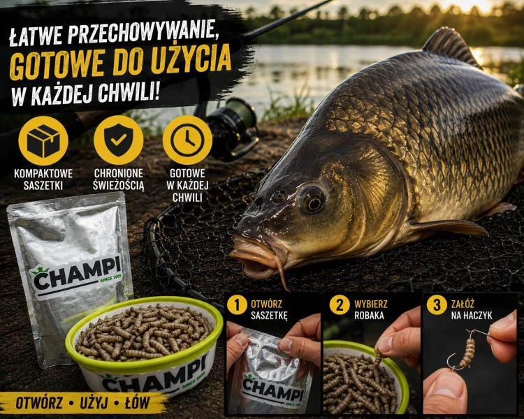 Robaki na ryby zanęta wędkarska biały robak saszetka 100 larwa muchy Champi